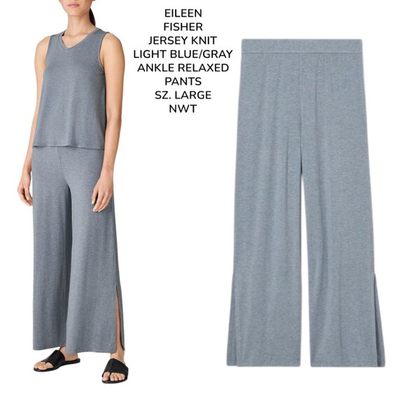 EILEEN FISHER JERSEY KNIT HEATHER BLUE GRAY ANKLE STRAIGHT LEG PANTS LARGE NWT - Picture 1 of 5